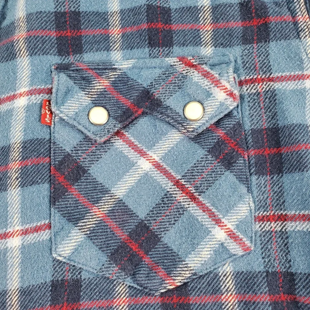 Levis Mens Blue Plaid Western Flannel Pearl Snap Long Sleeve Shirt Size M